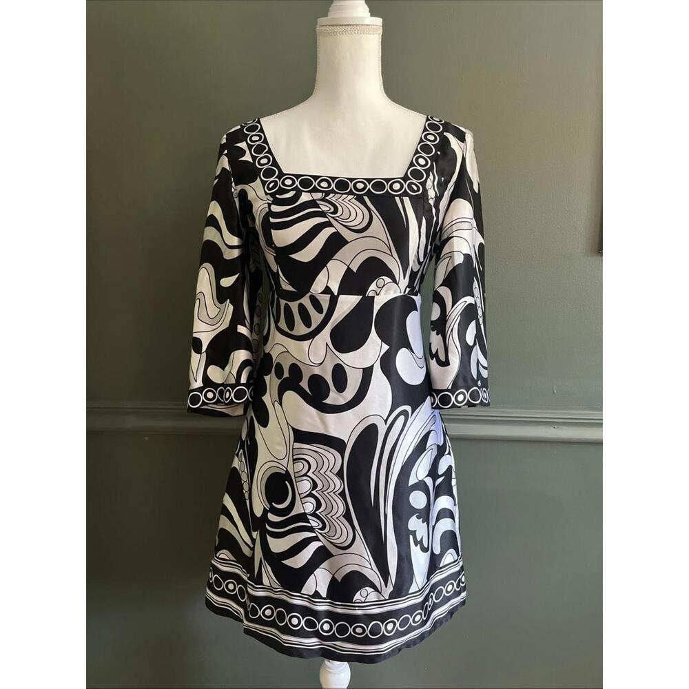 VTG Silk Y2K-does-Mod Pucci Style Mini Dress Retro Square Neck Black White 4